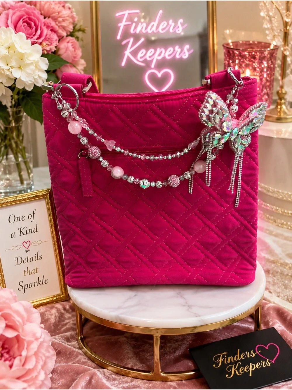 Vera Bradley  Hot Pink Quilted Shoulder Bag with Beaded Butterfly Charm